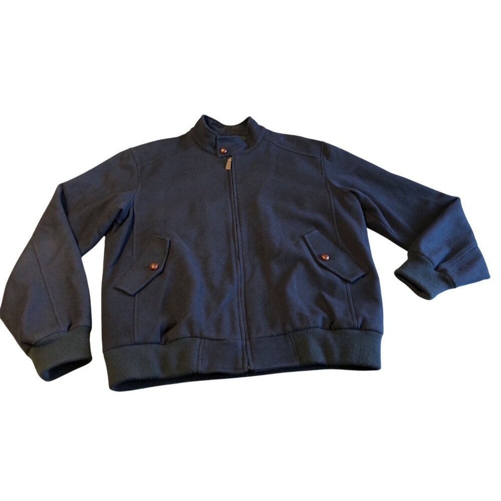 Orvis Jacket Navy Blue Wool Blend Bomber Mens L Tartan Plaid Lining Button Coat